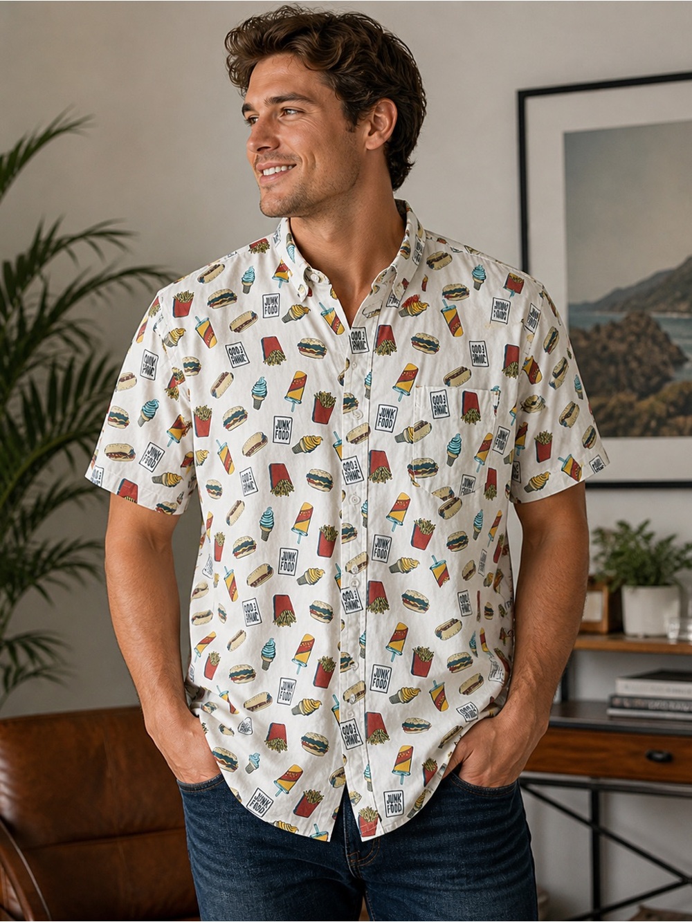 Retrofit Junk Food Print Button Up Shirt Large Graphic Fast Food Novelty
